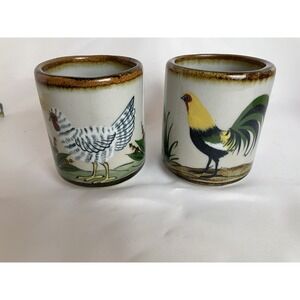 Hand Painted Mexican Pottery Set 2 Hen Rooster Coffee Mugs Cups 4" Tall Signed